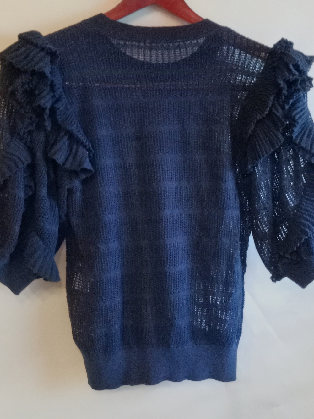 Ulla Johnson Navy Aveline Open-Knit Ruffle Sleeve Sweater